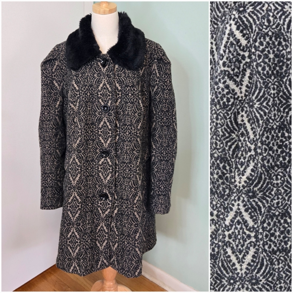 Steve Madden Wool Blend Coat Retro Tapestry Brocade Removable FauxFur Collar 2XL